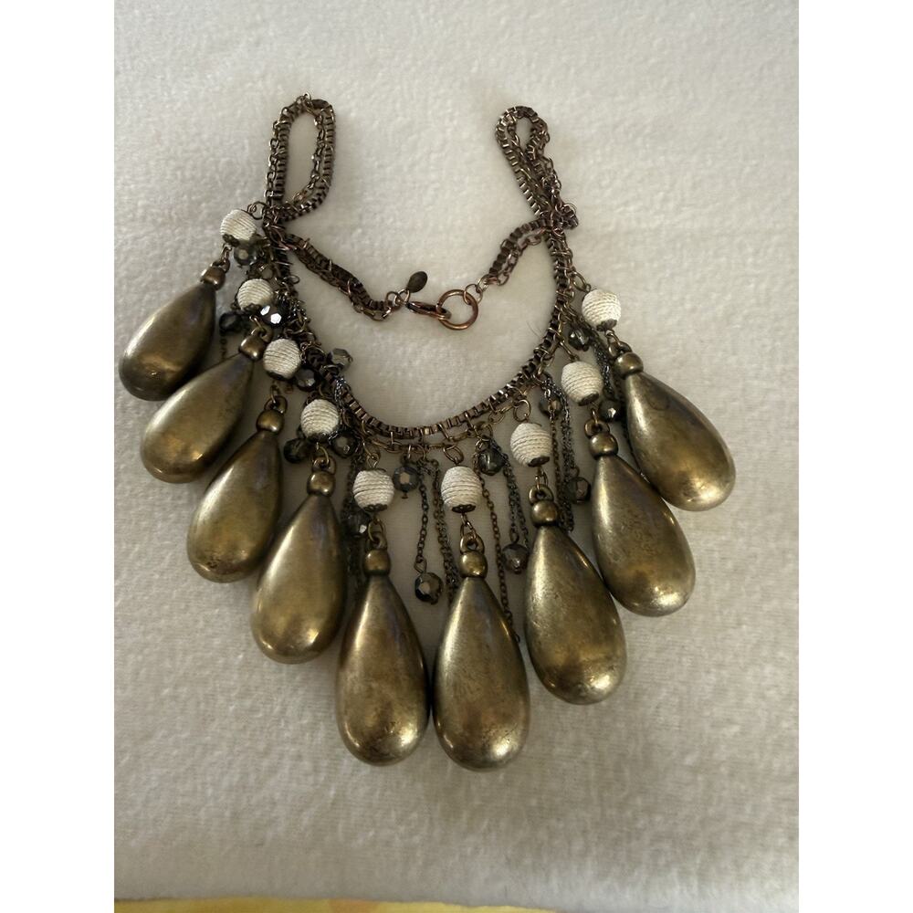 24" Chico's Chunky Brass Teardrop Dangle Statement Bib Necklace